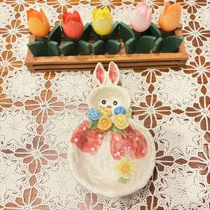 Vintage Ganz Ceramic Bunny Candy Dish with Floral Design